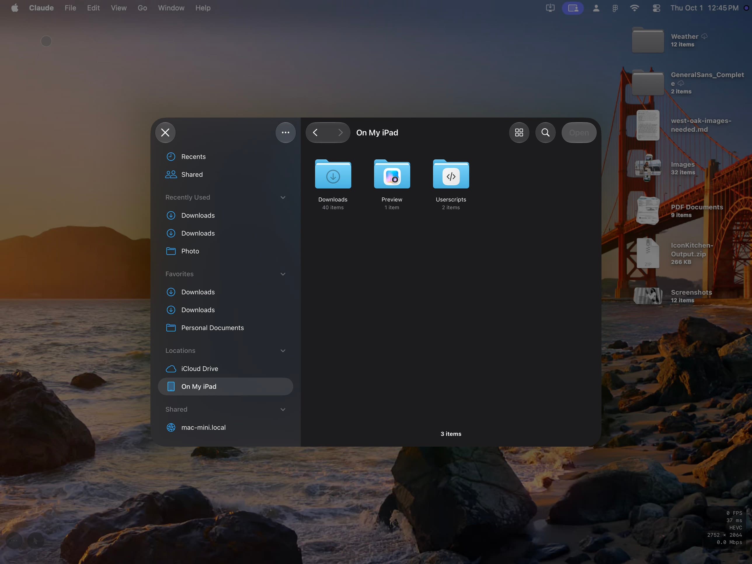 The Files picker on an iPad, browsing a Mac's folders