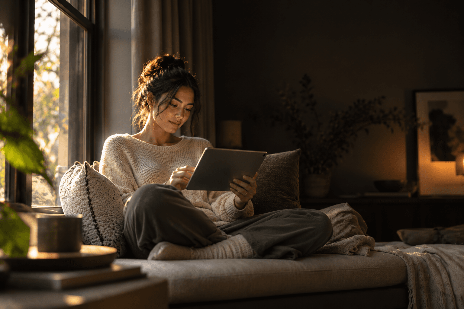 A woman on a window seat, working on a small tablet