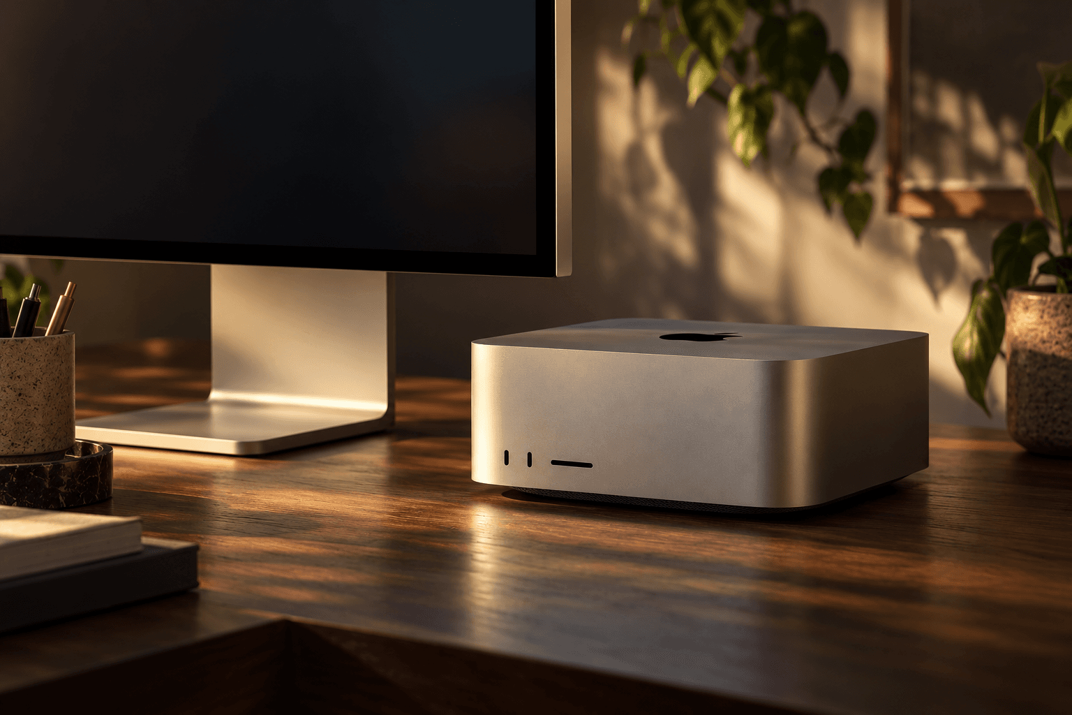 A Mac Studio on a wooden desk in warm window light