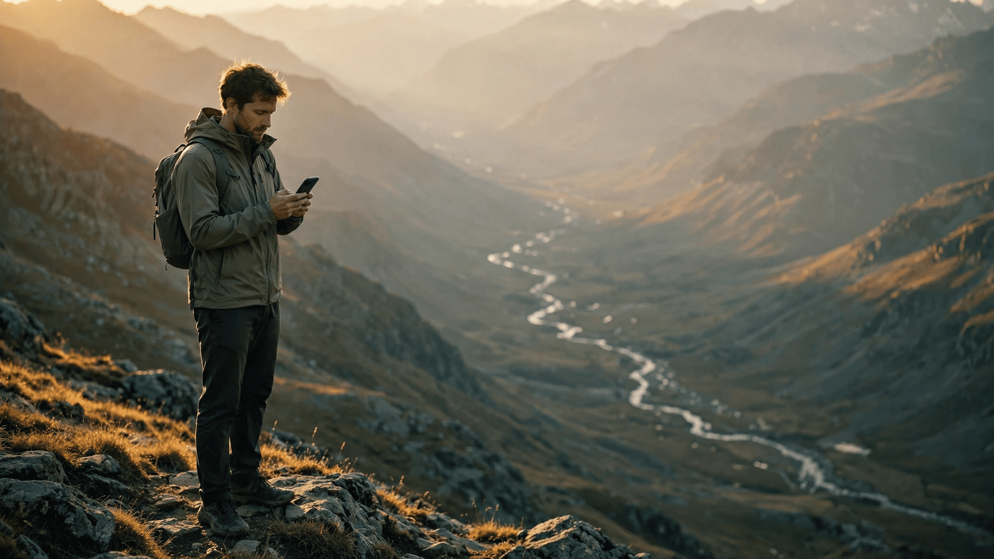 A hiker on a mountain overlook, using his phone far from any Wi-Fi