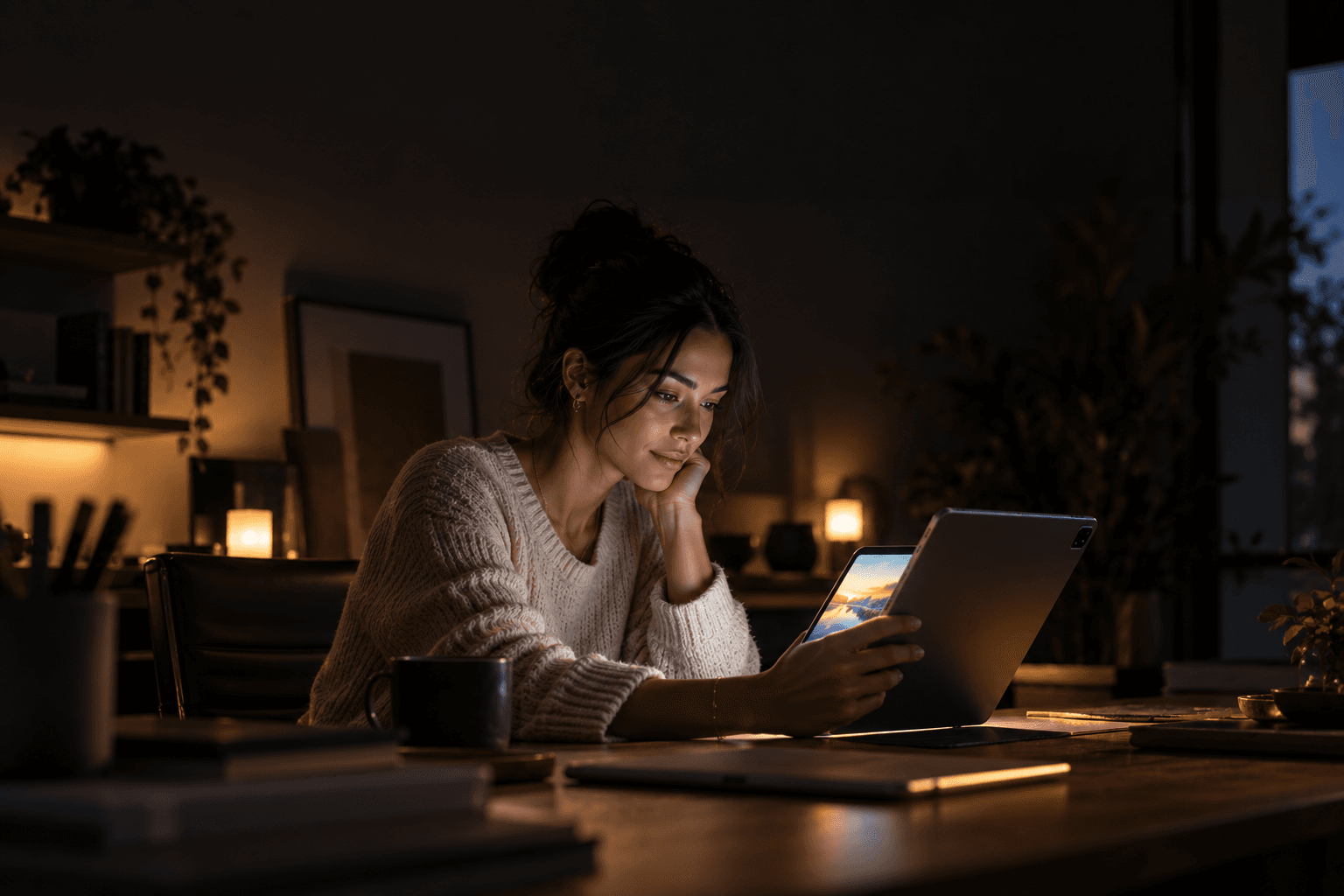 A woman at a desk at night, her face lit by a bright tablet