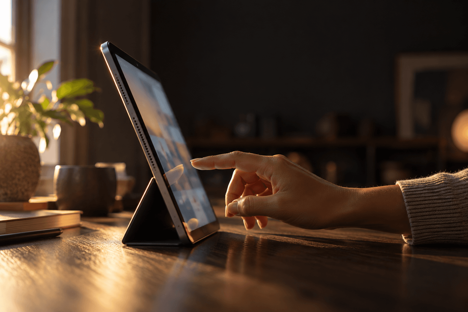 A fingertip about to tap a tablet standing on a wooden desk